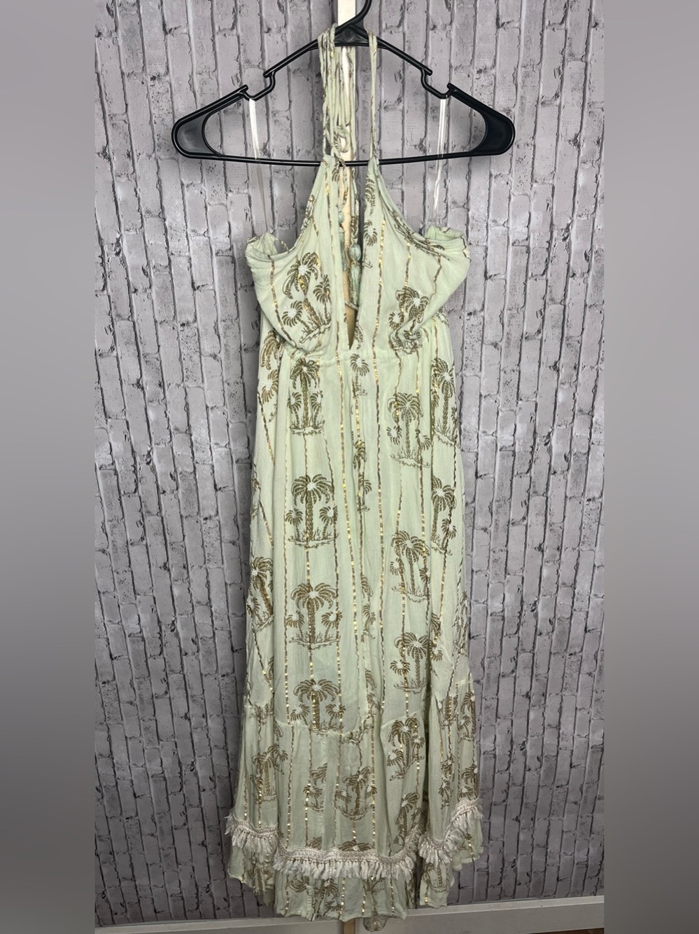 Ananta Boho Halter Maxi Dress One Size OS Mint Green Gold Stripe palm tree beach